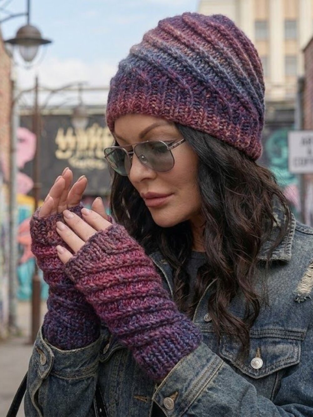 Hand Knit Beanie & Fingerless Gloves Set - Multicolor Made in Canada